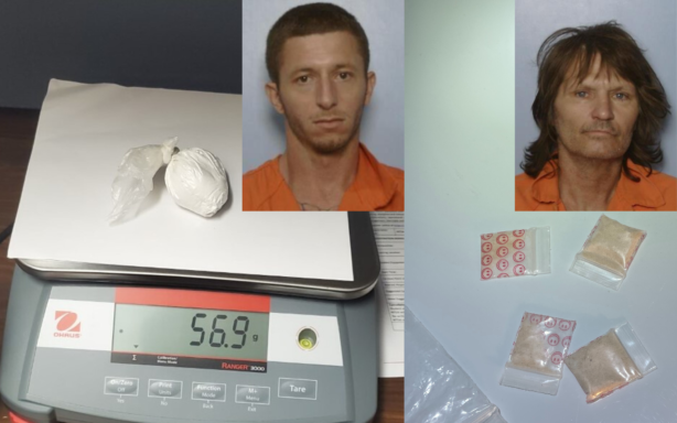 Bags of white powdery drugs in bags and two mugshots of two white males